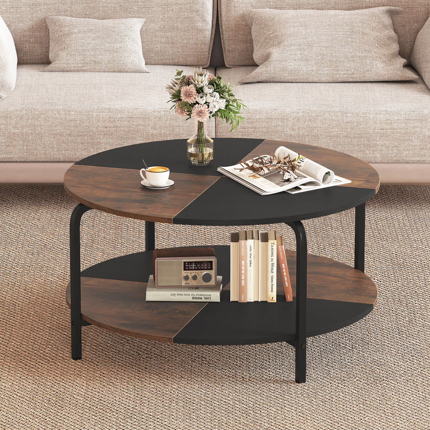 2-Tier Round Coffee Table Metal Frame with Storage Shelf-Rustic Brown