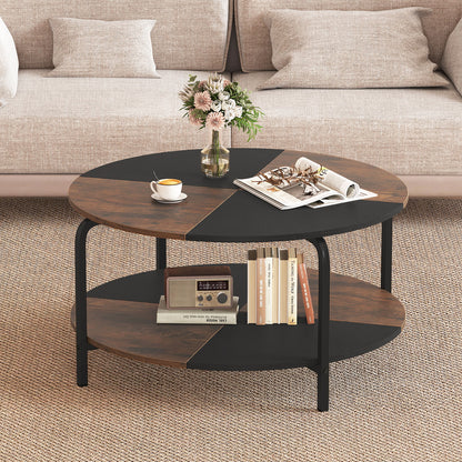 2-Tier Round Coffee Table Metal Frame with Storage Shelf-Rustic Brown