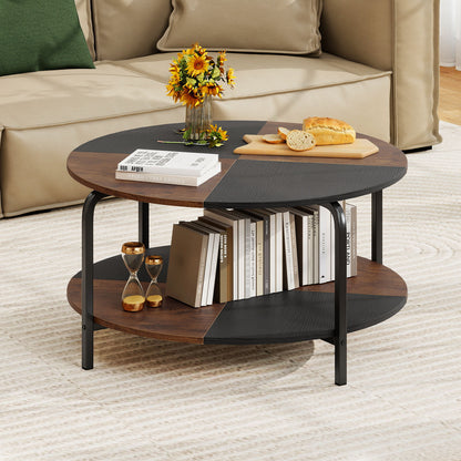 2-Tier Round Coffee Table Metal Frame with Storage Shelf-Rustic Brown