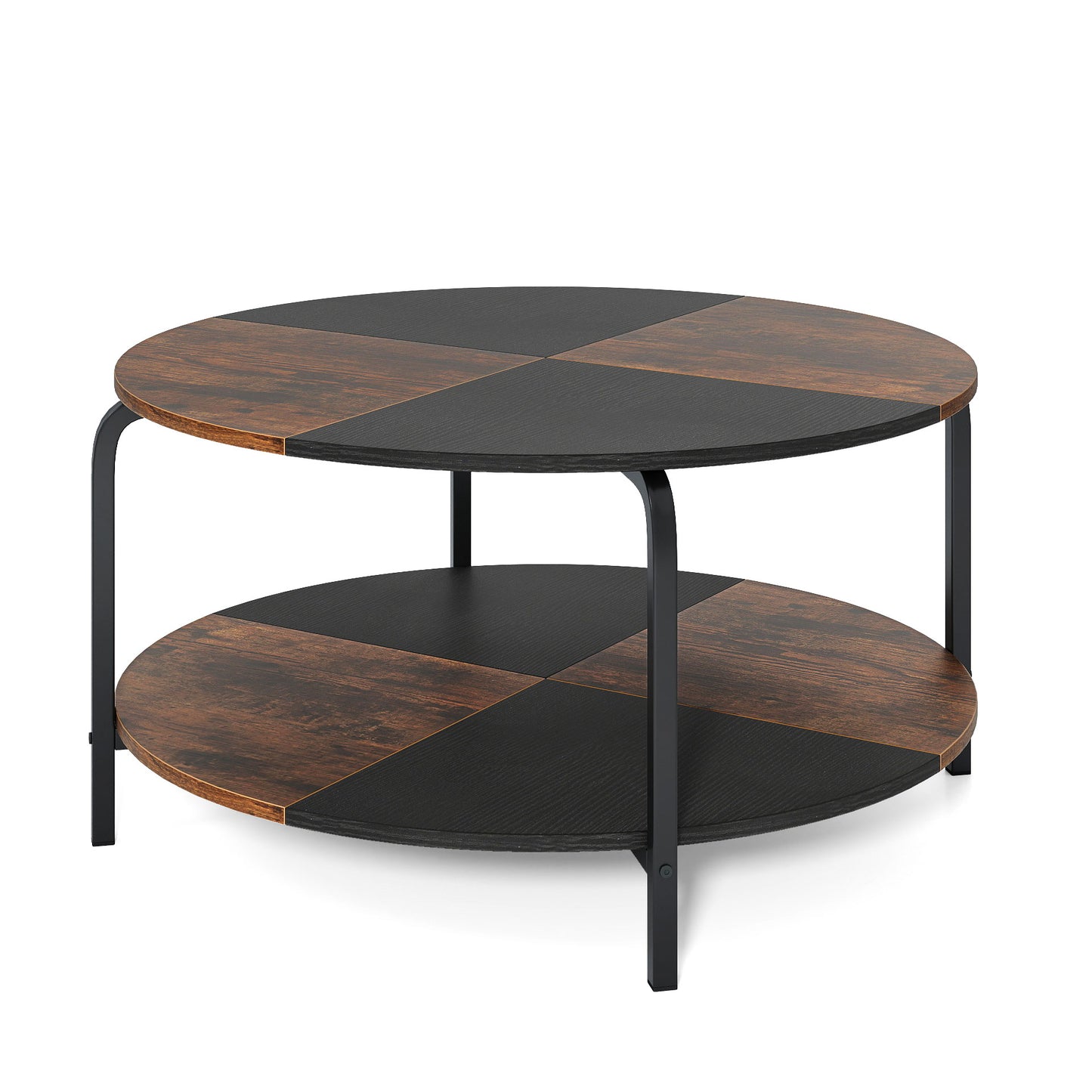 2-Tier Round Coffee Table Metal Frame with Storage Shelf-Rustic Brown