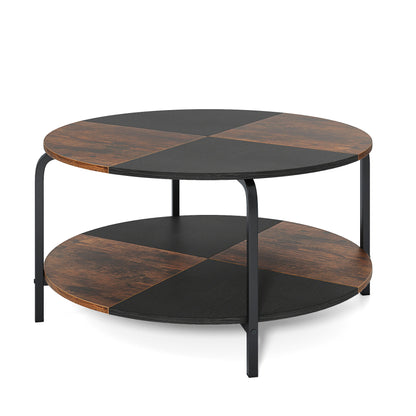 2-Tier Round Coffee Table Metal Frame with Storage Shelf-Rustic Brown