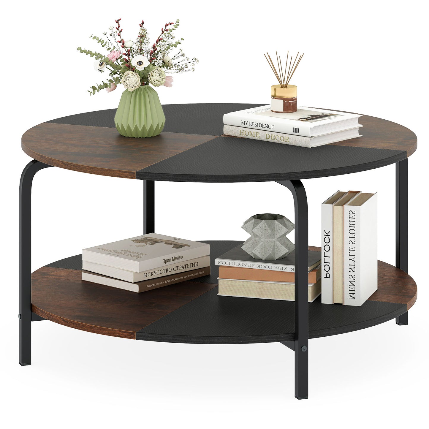 2-Tier Round Coffee Table Metal Frame with Storage Shelf-Rustic Brown