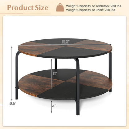 2-Tier Round Coffee Table Metal Frame with Storage Shelf-Rustic Brown