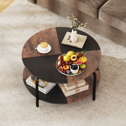 2-Tier Round Coffee Table Metal Frame with Storage Shelf-Rustic Brown