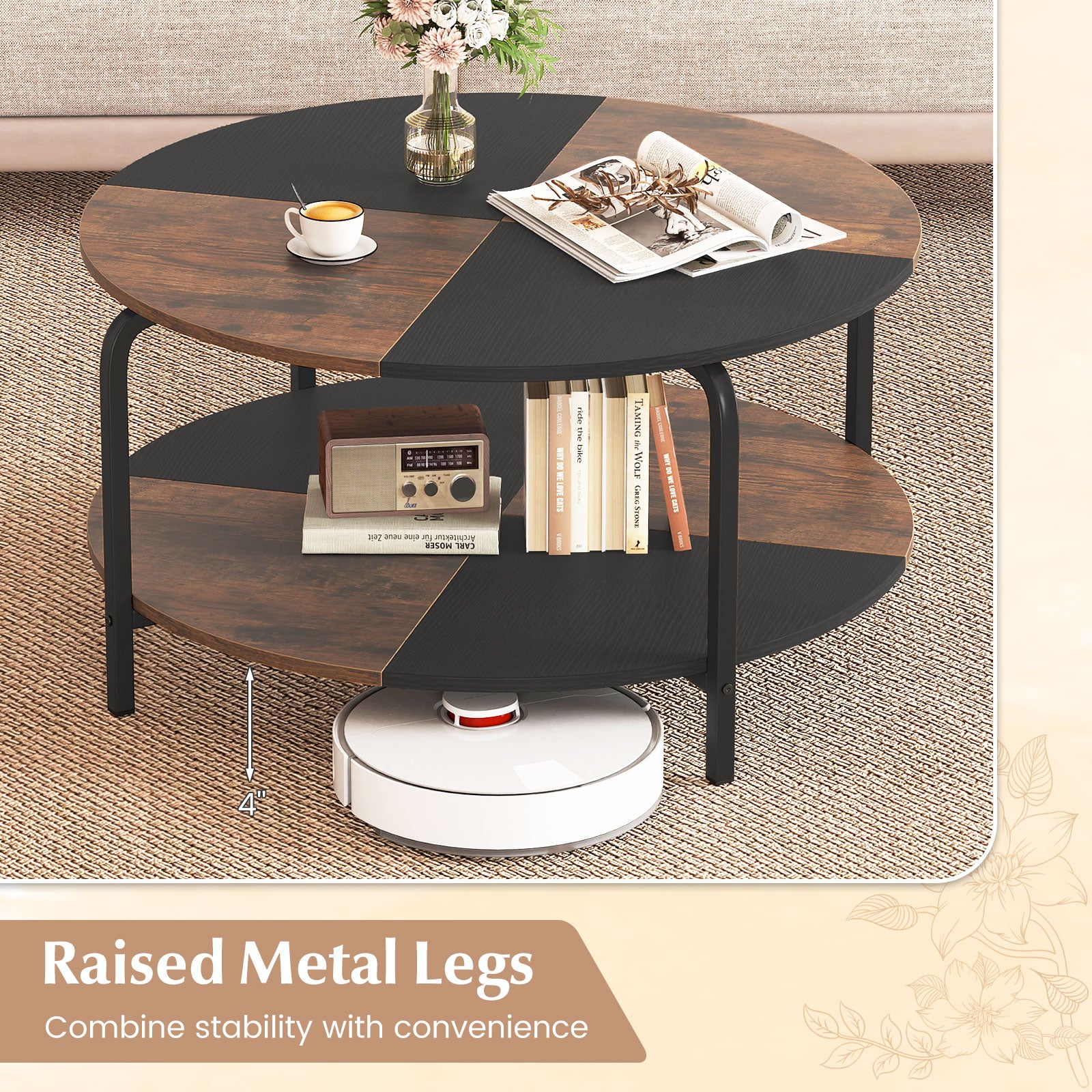 2-Tier Round Coffee Table Metal Frame with Storage Shelf-Rustic Brown