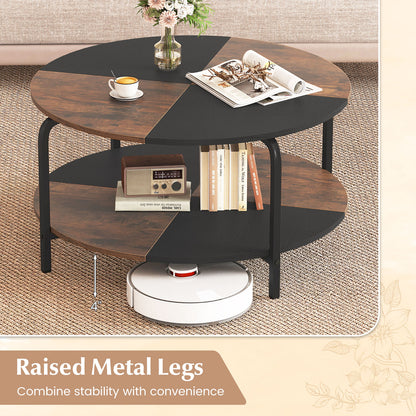 2-Tier Round Coffee Table Metal Frame with Storage Shelf-Rustic Brown
