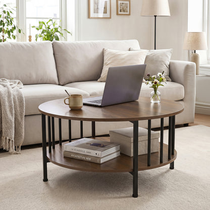 Round Coffee Table with Storage Shelf and Metal Frame