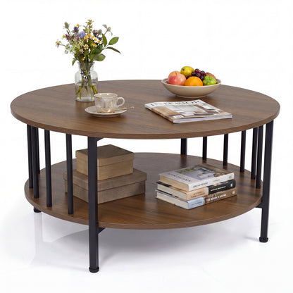 Round Coffee Table with Storage Shelf and Metal Frame