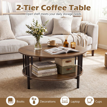 Round Coffee Table with Storage Shelf and Metal Frame