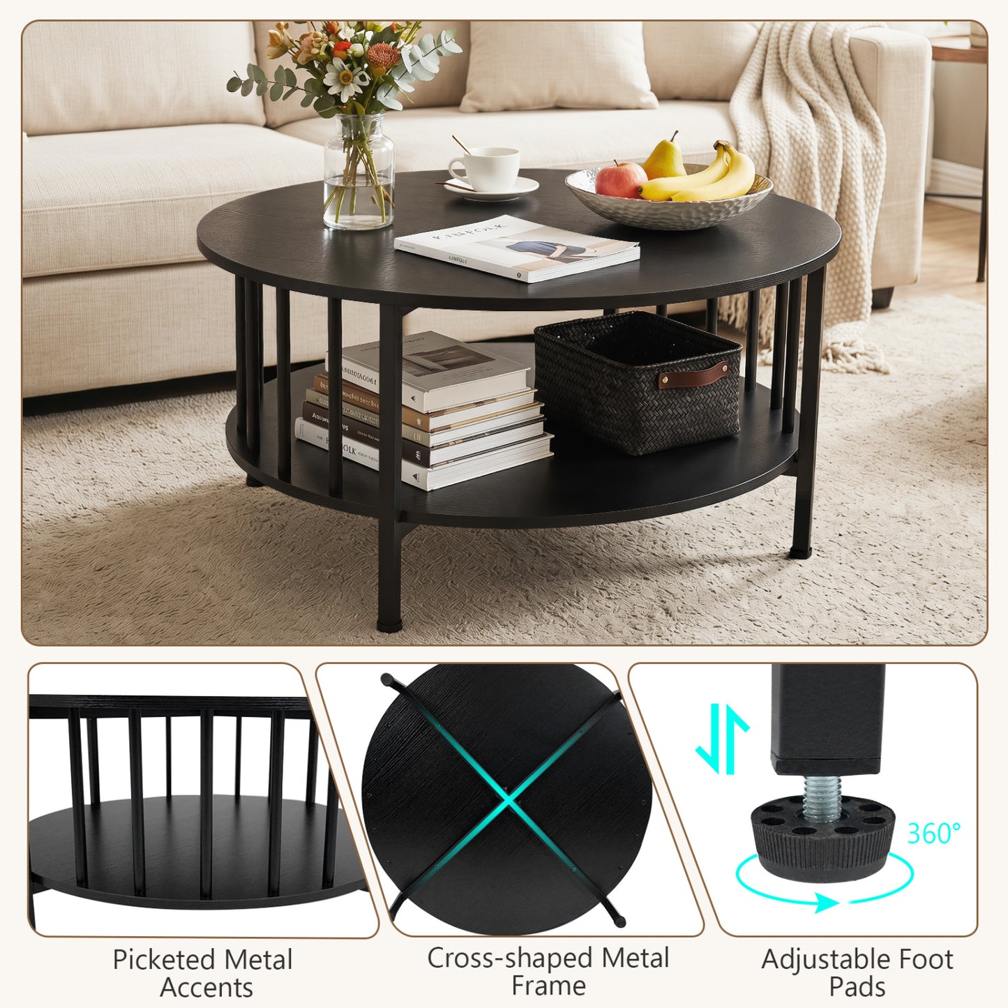 Round Coffee Table with Storage Shelf and Metal Frame