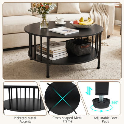 Round Coffee Table with Storage Shelf and Metal Frame
