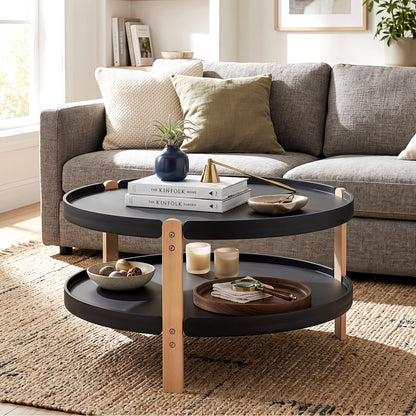 Round Coffee Table with 2-Tier Storage and Beech Wood Legs