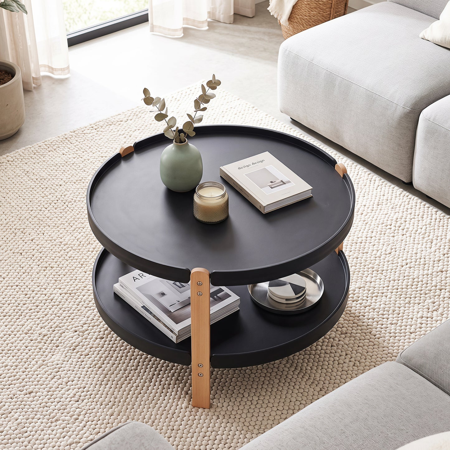 Round Coffee Table with 2-Tier Storage and Beech Wood Legs