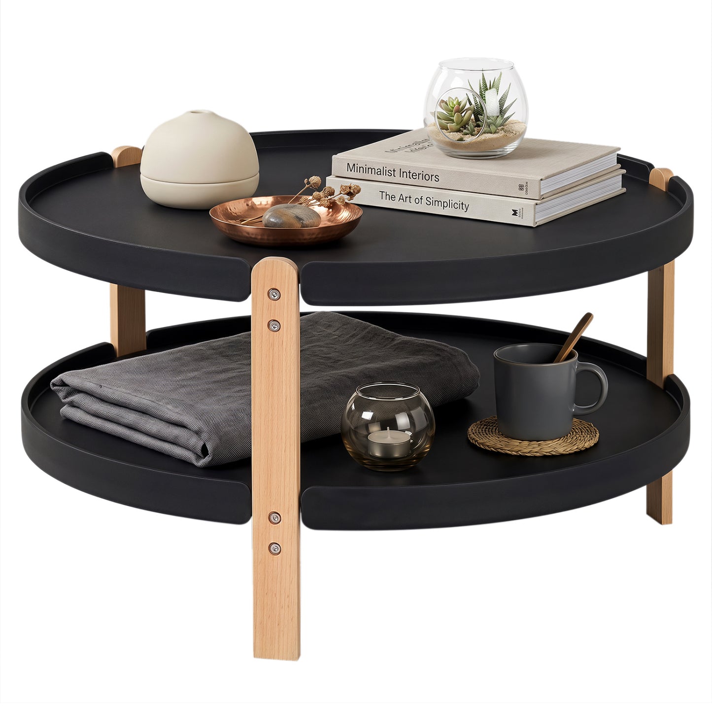 Round Coffee Table with 2-Tier Storage and Beech Wood Legs