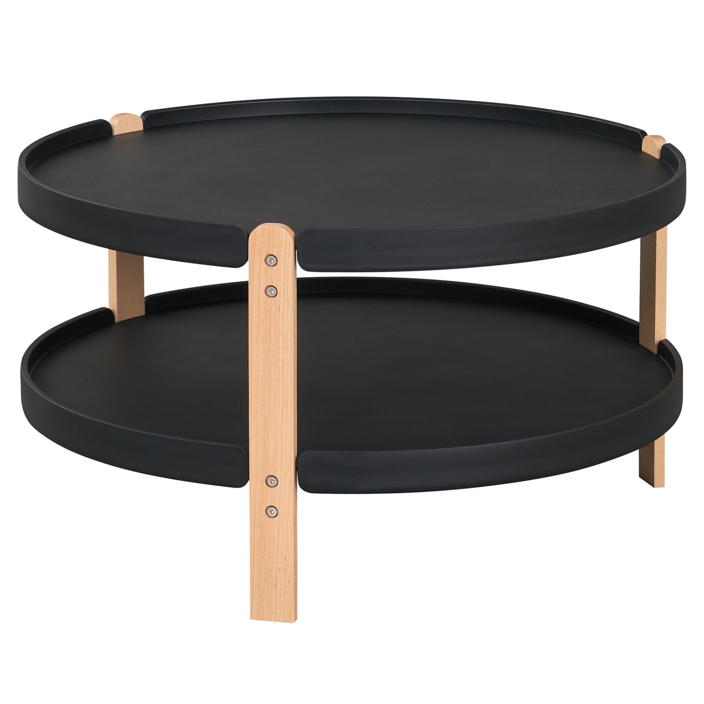 Round Coffee Table with 2-Tier Storage and Beech Wood Legs