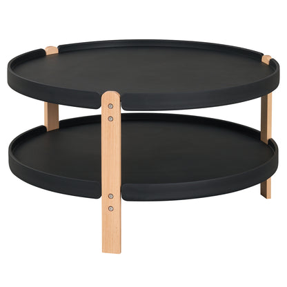 Round Coffee Table with 2-Tier Storage and Beech Wood Legs