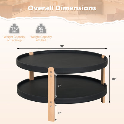 Round Coffee Table with 2-Tier Storage and Beech Wood Legs