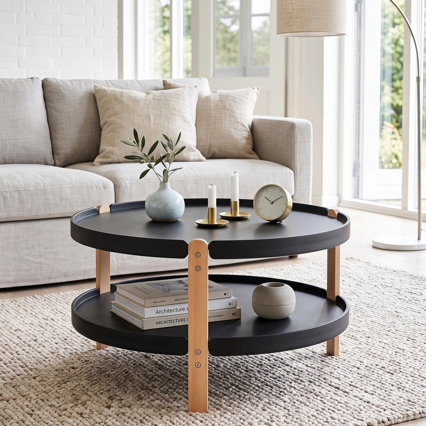 Round Coffee Table with 2-Tier Storage and Beech Wood Legs