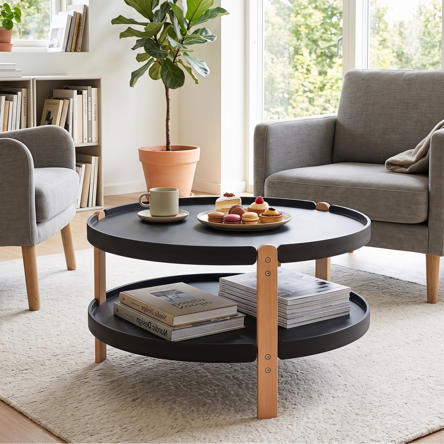 Round Coffee Table with 2-Tier Storage and Beech Wood Legs
