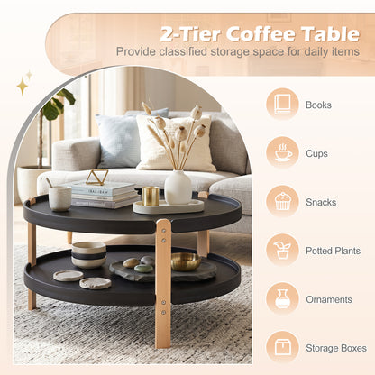 Round Coffee Table with 2-Tier Storage and Beech Wood Legs