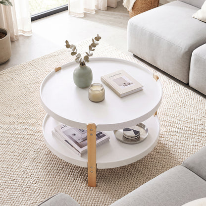 Round Coffee Table with 2-Tier Storage and Beech Wood Legs