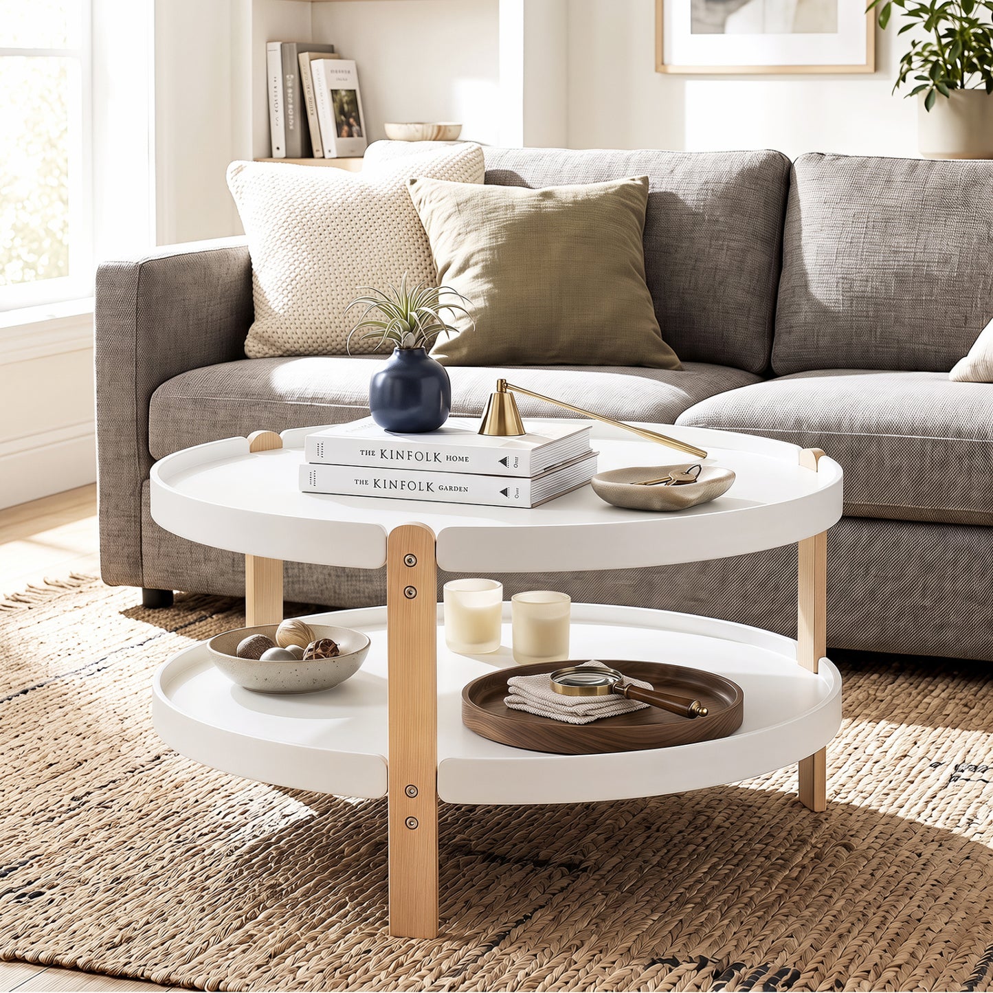 Round Coffee Table with 2-Tier Storage and Beech Wood Legs