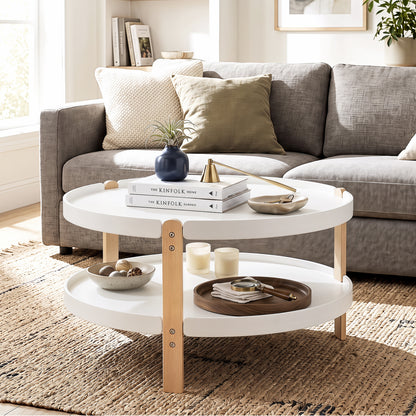 Round Coffee Table with 2-Tier Storage and Beech Wood Legs