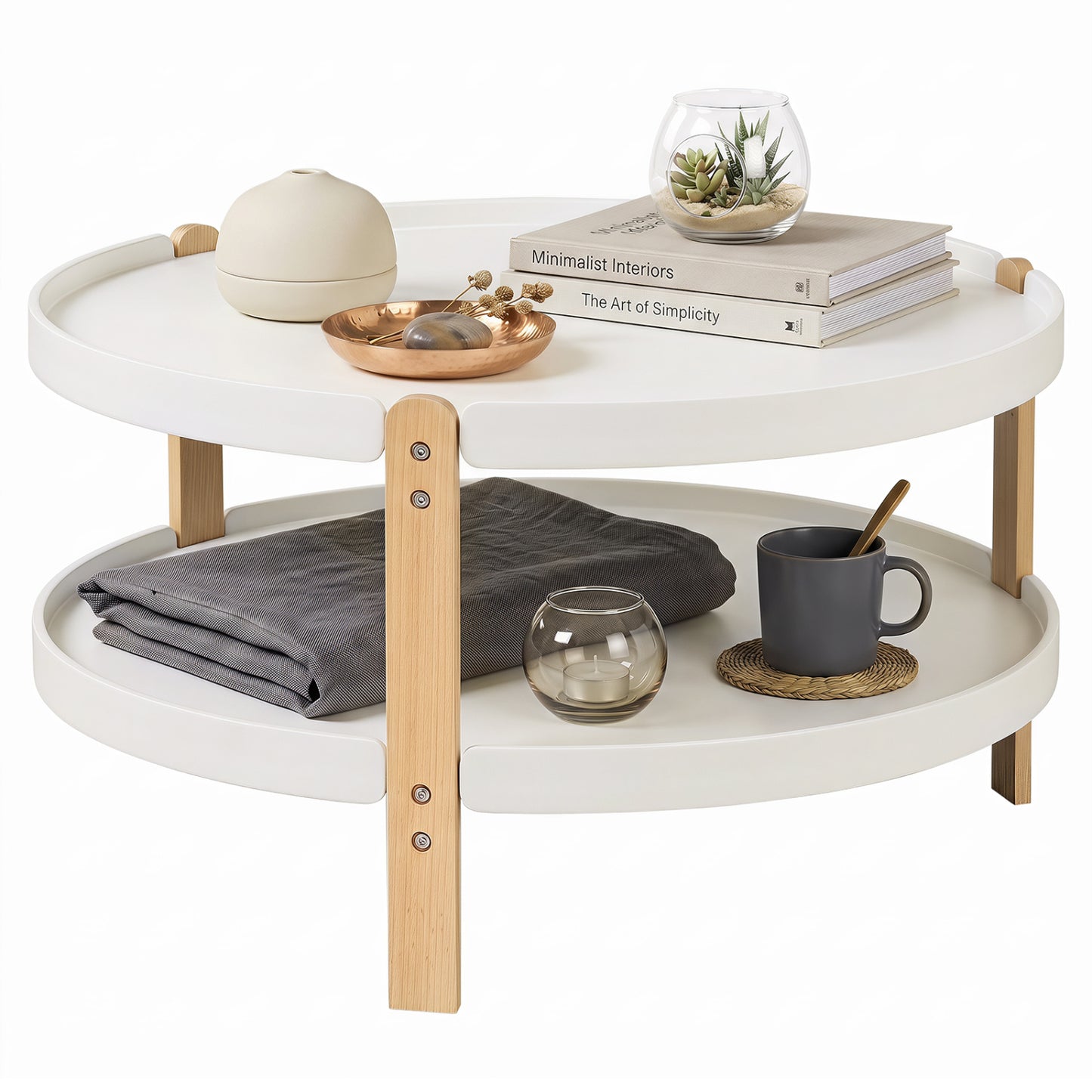 Round Coffee Table with 2-Tier Storage and Beech Wood Legs