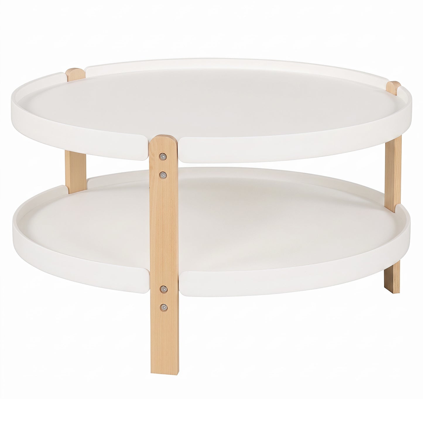 Round Coffee Table with 2-Tier Storage and Beech Wood Legs