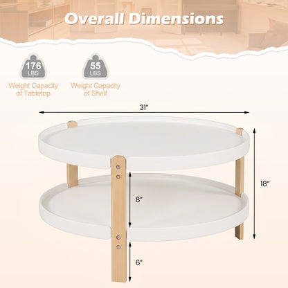 Round Coffee Table with 2-Tier Storage and Beech Wood Legs