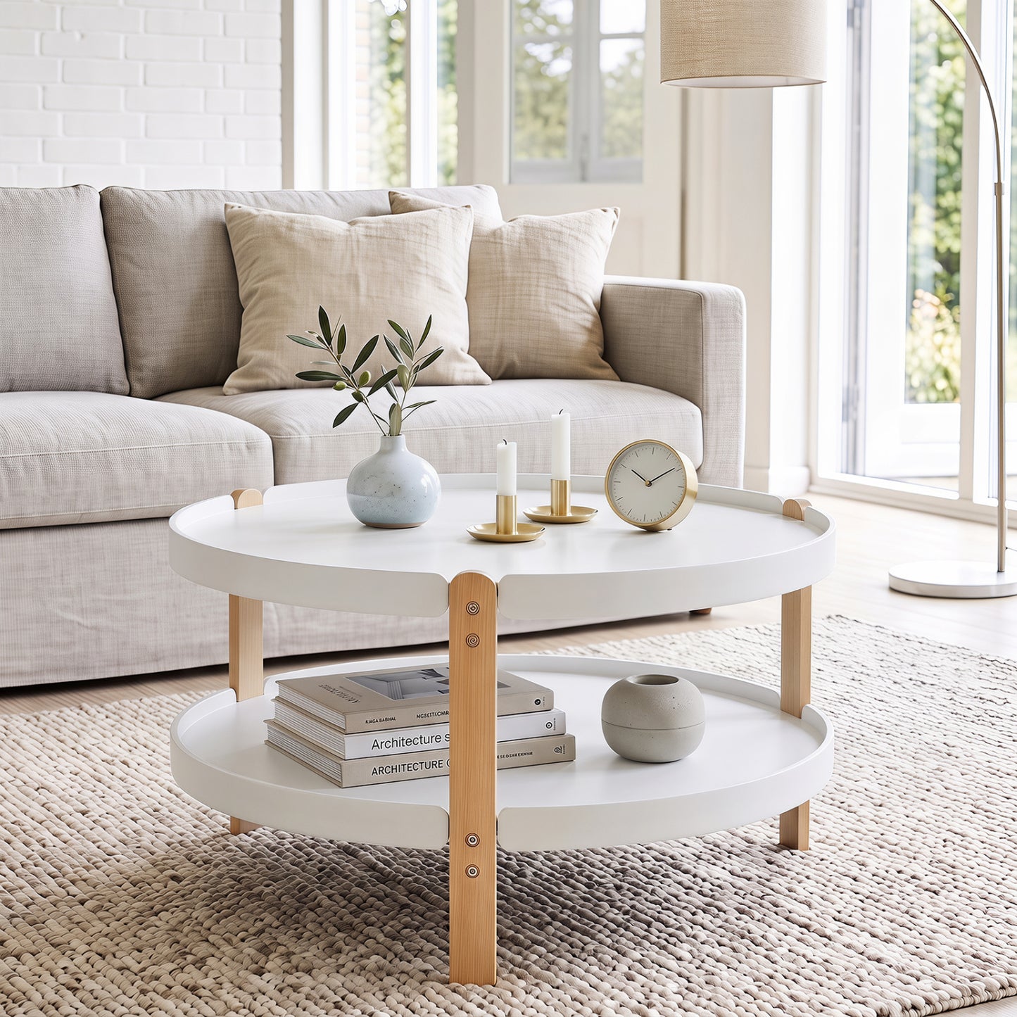 Round Coffee Table with 2-Tier Storage and Beech Wood Legs