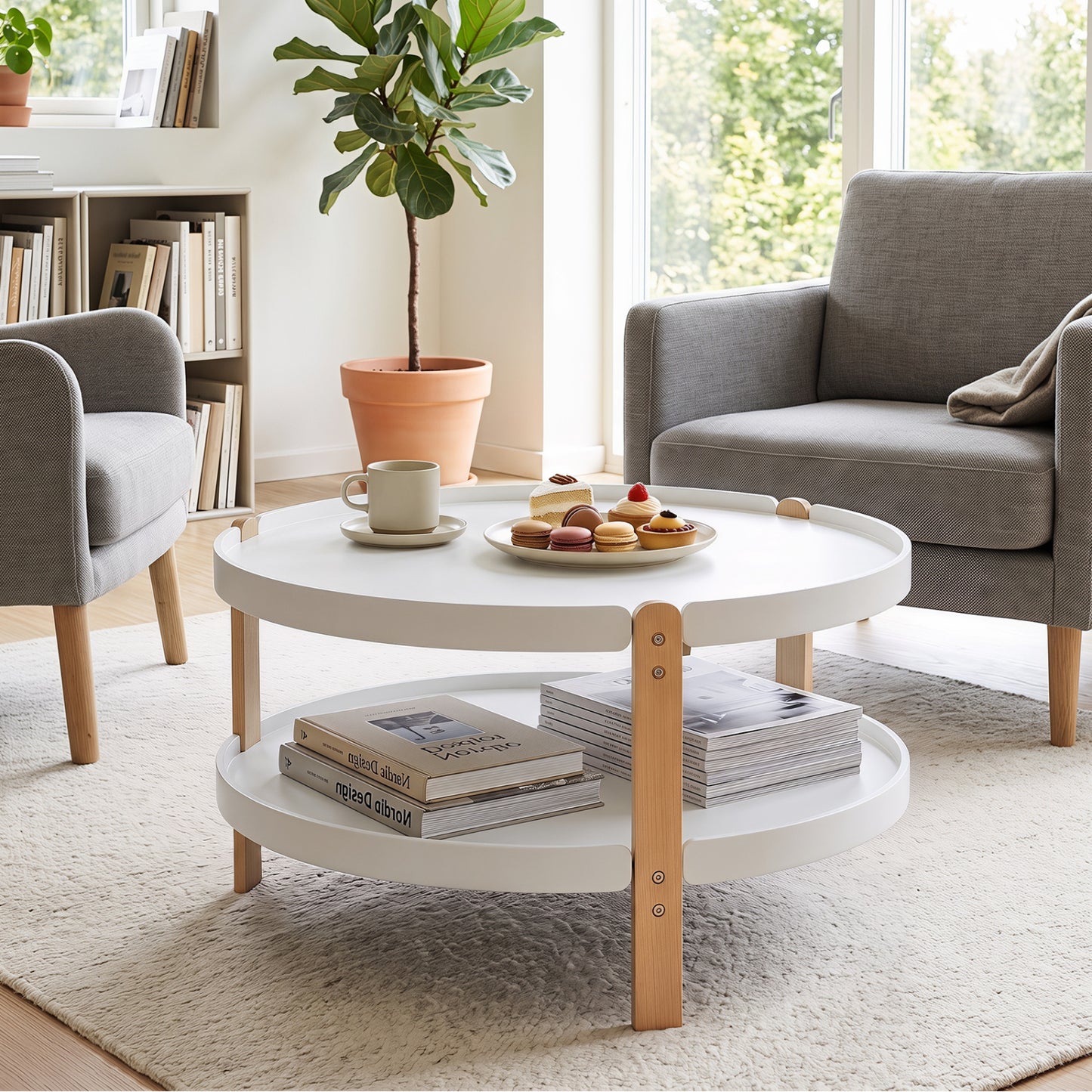 Round Coffee Table with 2-Tier Storage and Beech Wood Legs
