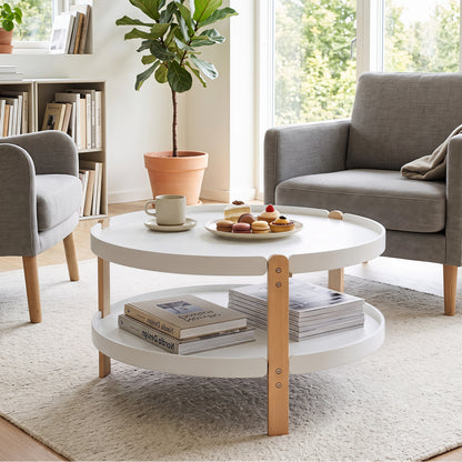 Round Coffee Table with 2-Tier Storage and Beech Wood Legs