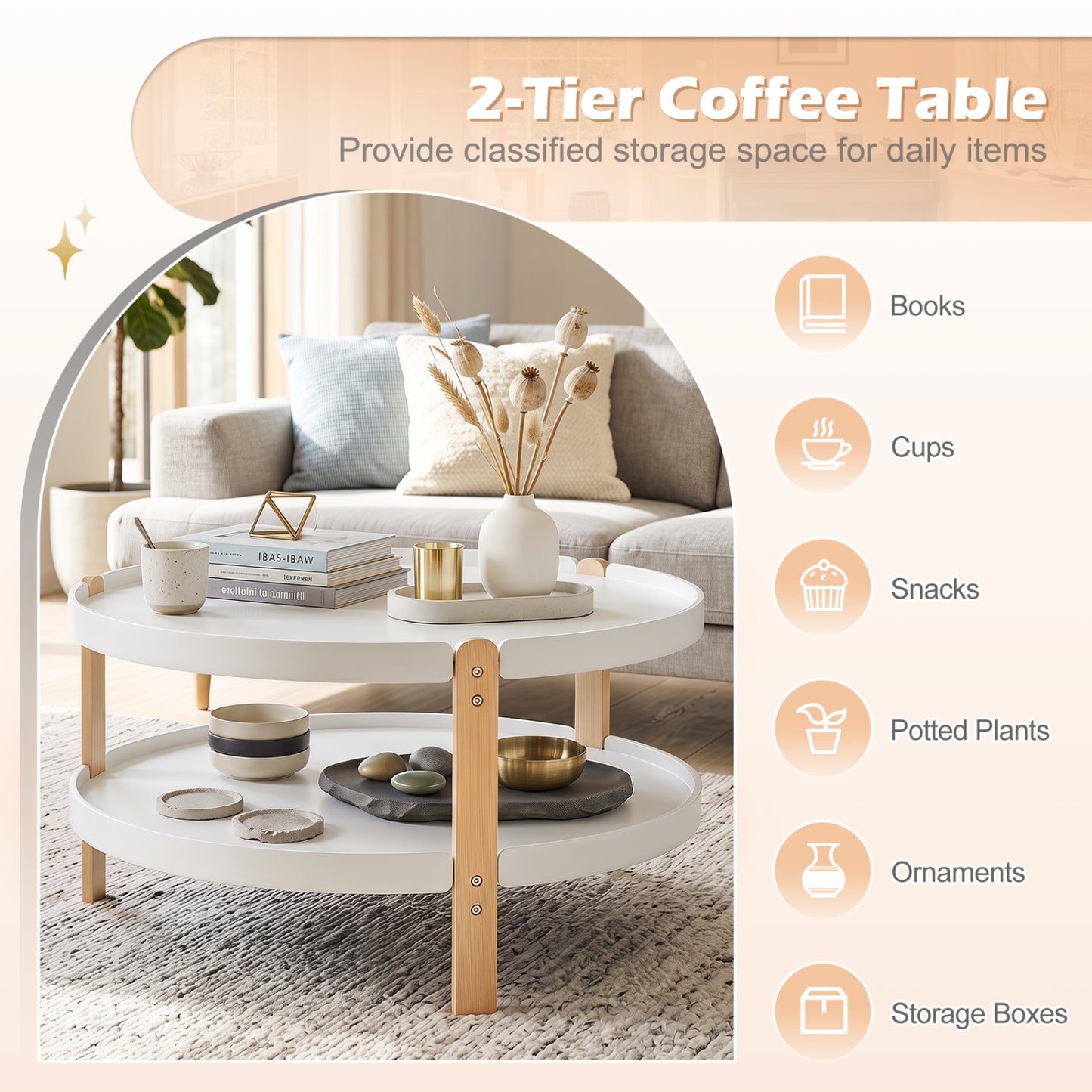 Round Coffee Table with 2-Tier Storage and Beech Wood Legs