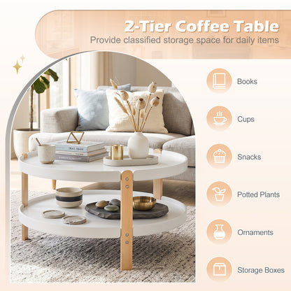 Round Coffee Table with 2-Tier Storage and Beech Wood Legs