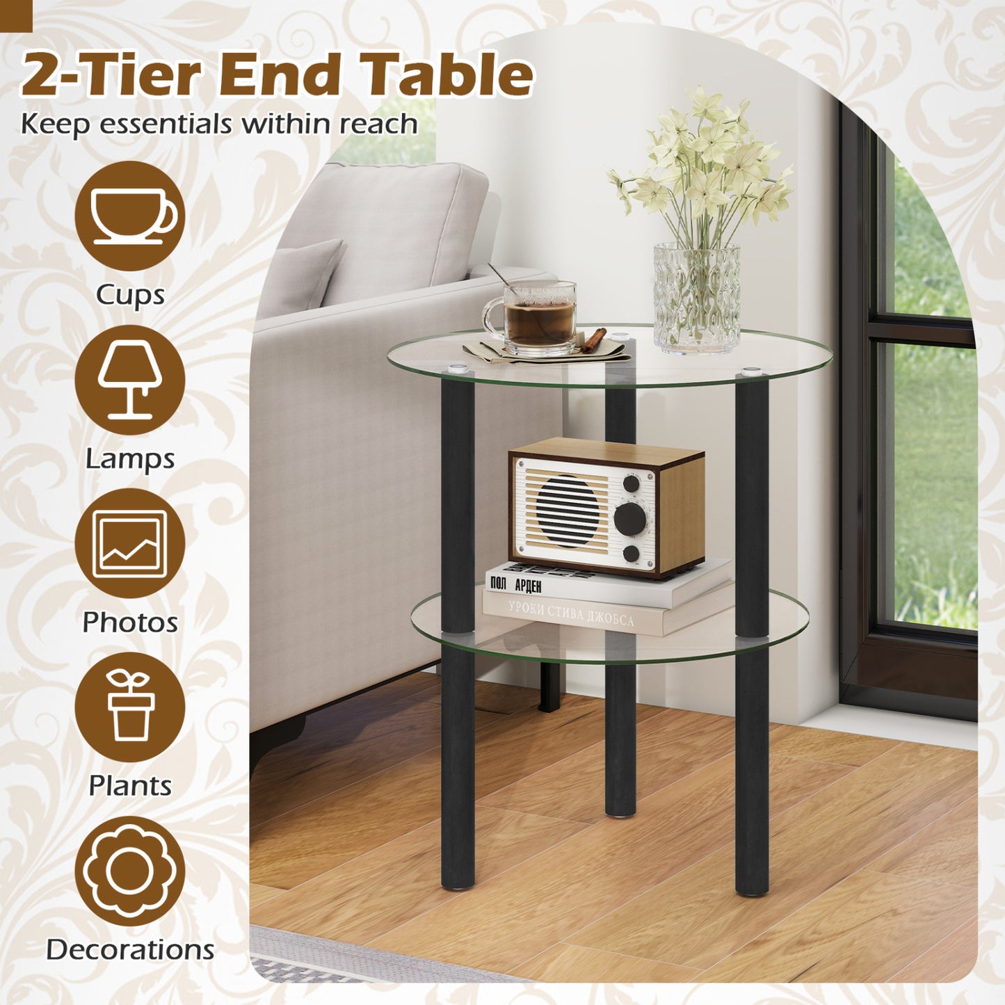 Round End Table with Tempered Glass Top and Shelf