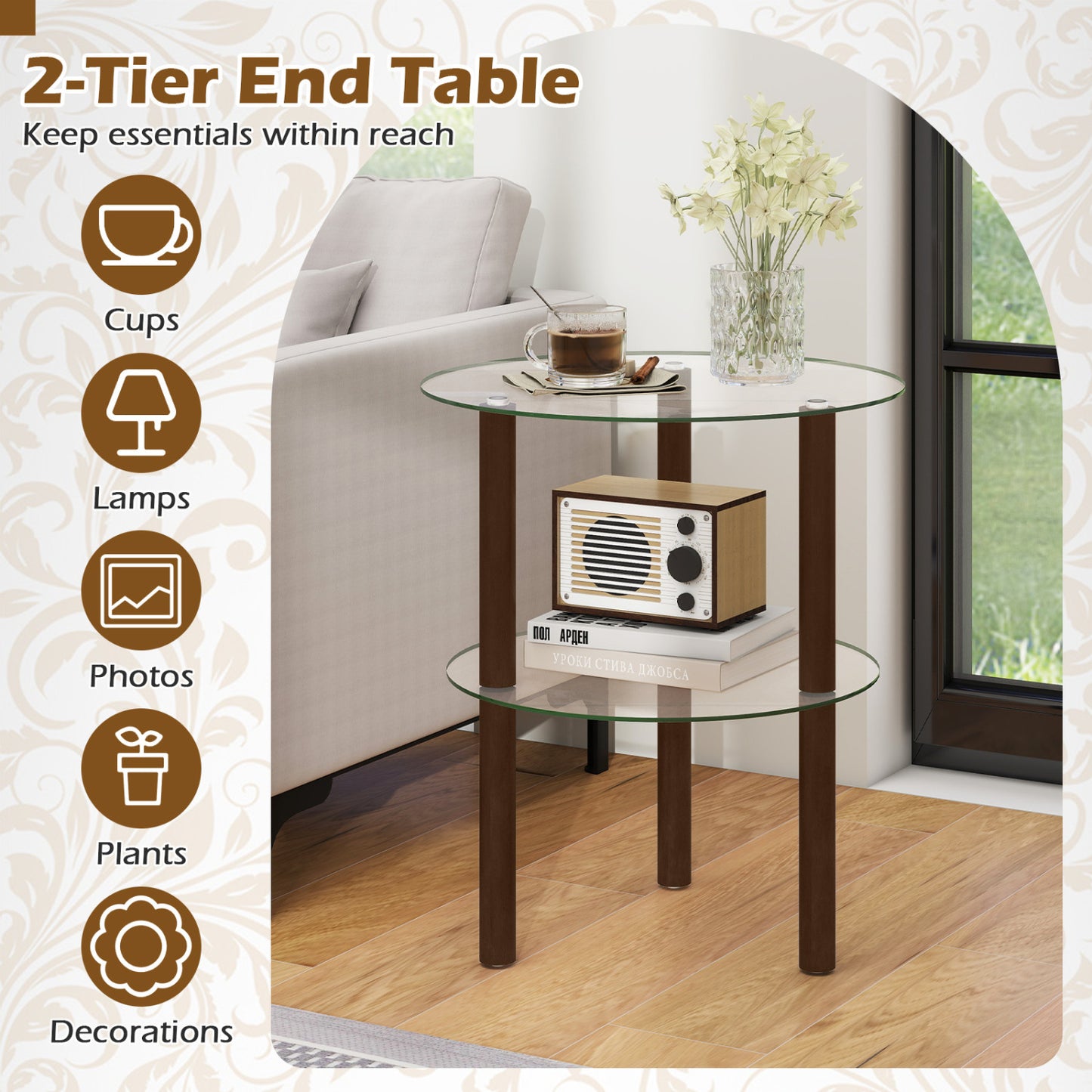 Round End Table with Tempered Glass Top and Shelf