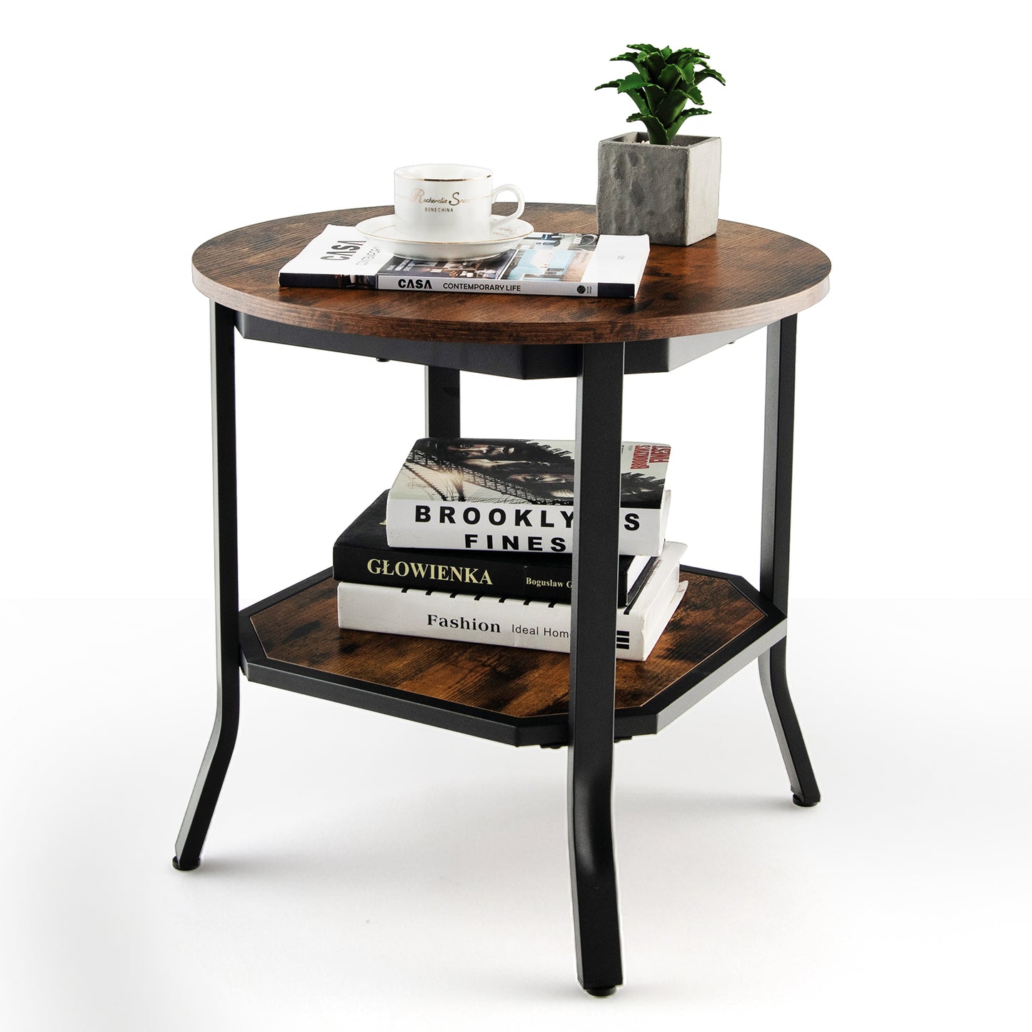 2-Tier Round End Table with Storage Shelf for Living Room-Brown