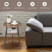 2-Tier Round End Table with Open Shelf and Triangular Metal Frame-Walnut