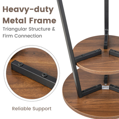 2-Tier Round End Table with Open Shelf and Triangular Metal Frame-Walnut