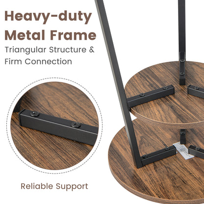 2-Tier Round End Table with Open Shelf and Triangular Metal Frame-Brown