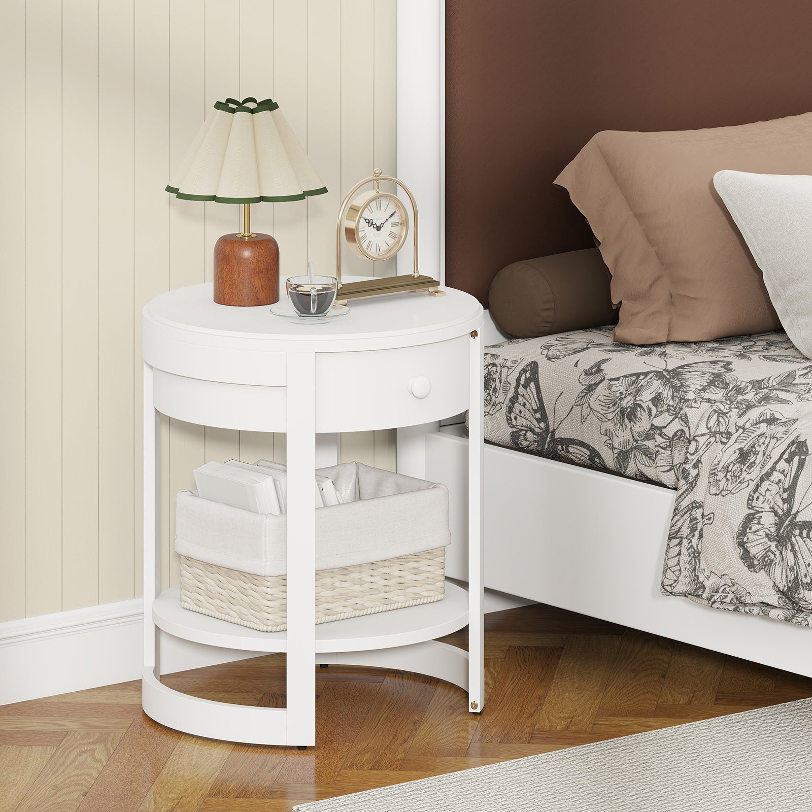 2-Tier Round End Table Mid Century Modern Nightstand-White