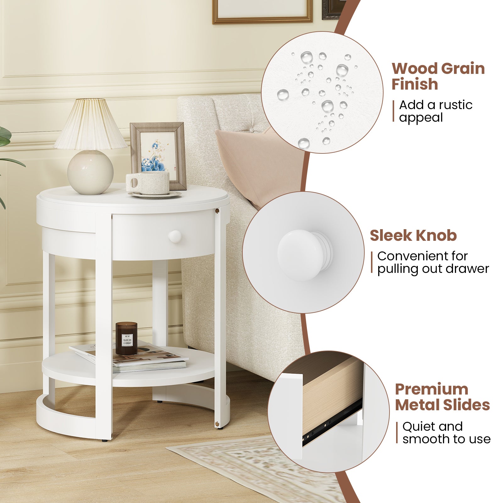 2-Tier Round End Table Mid Century Modern Nightstand-White