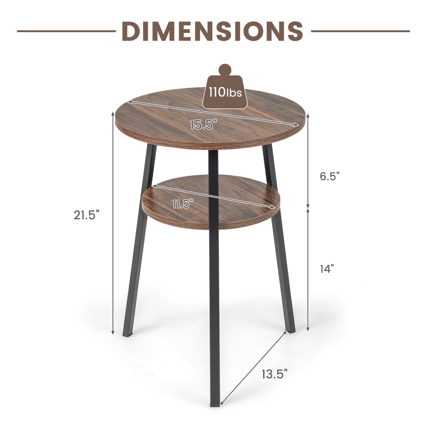 2-Tier Round End Table with Open Shelf and Triangular Metal Frame-Brown