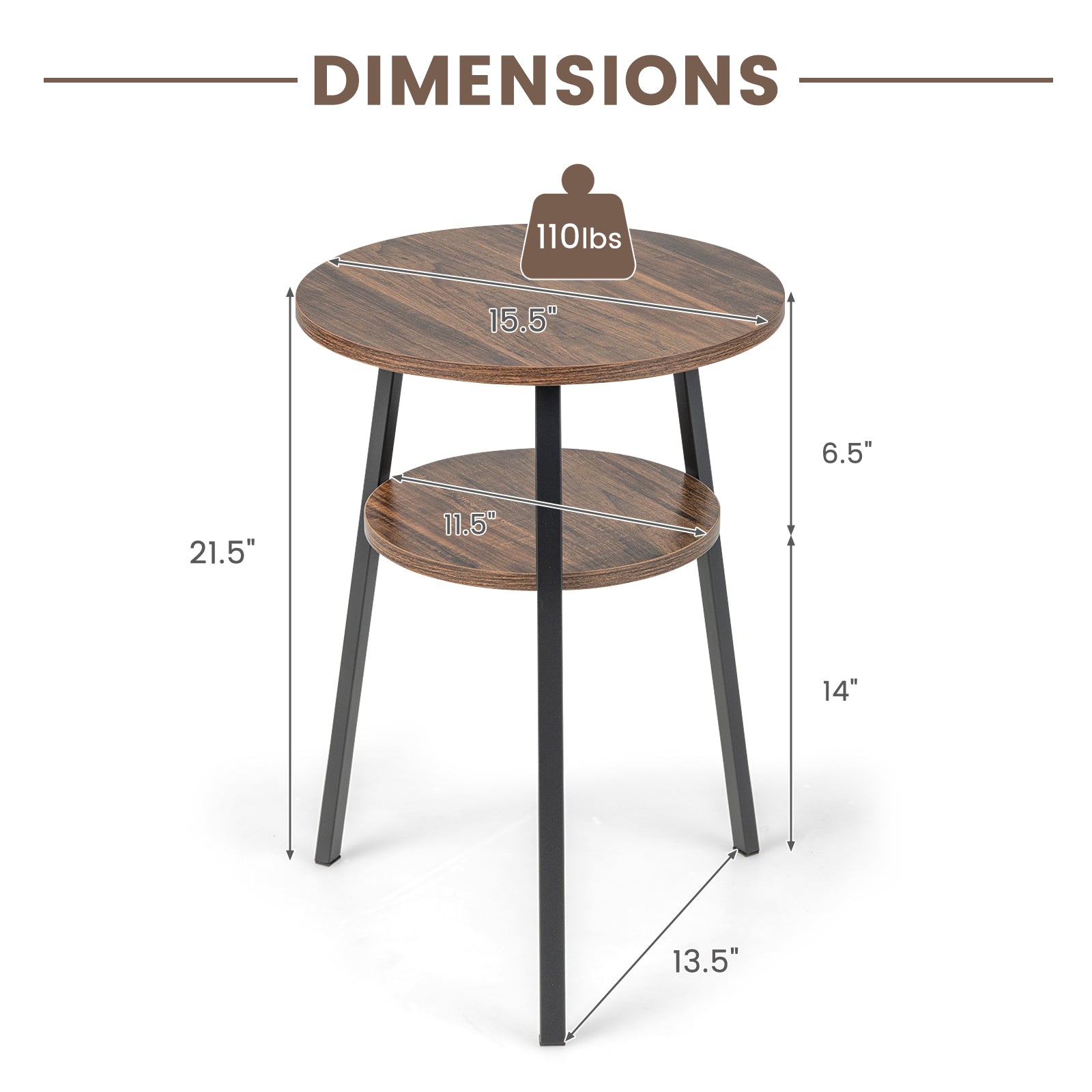 2-Tier Round End Table with Open Shelf and Triangular Metal Frame-Brown