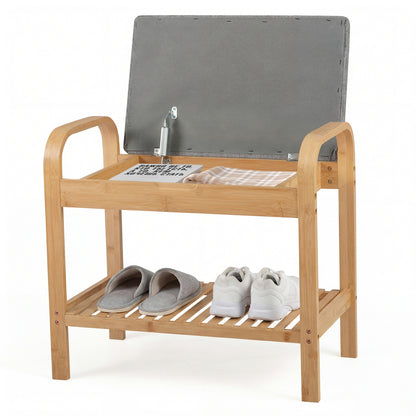 2-Tier Shoe Rack Bench with Flip-Top Storage-Natural