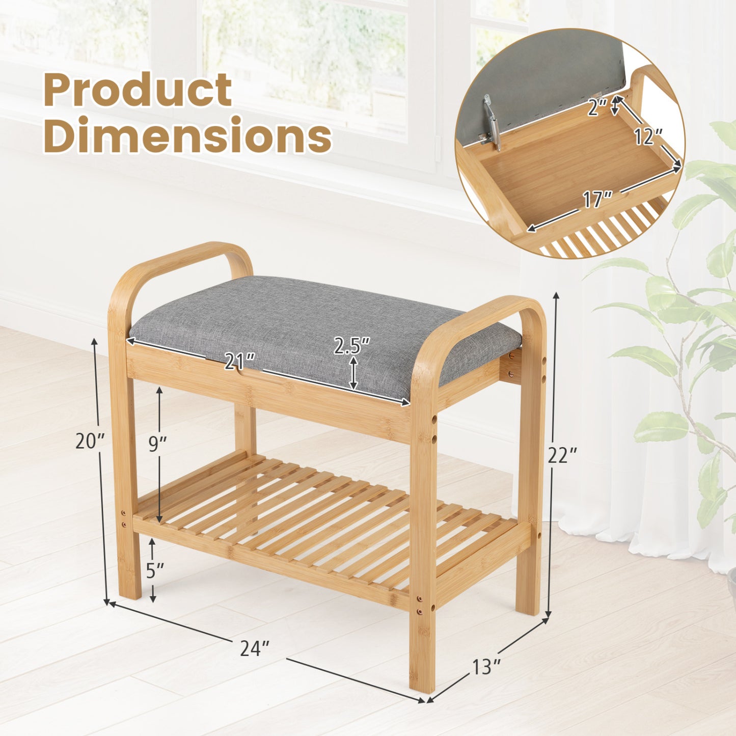 2-Tier Shoe Rack Bench with Flip-Top Storage-Natural