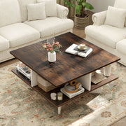 2-Tier Square Coffee Table with 4 Storage Compartments-Rustic Brown