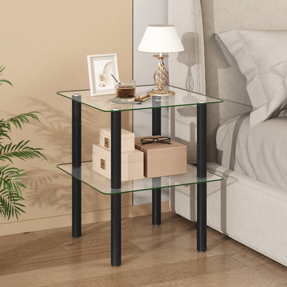 Square End Table with Tempered Glass Top and Shelf