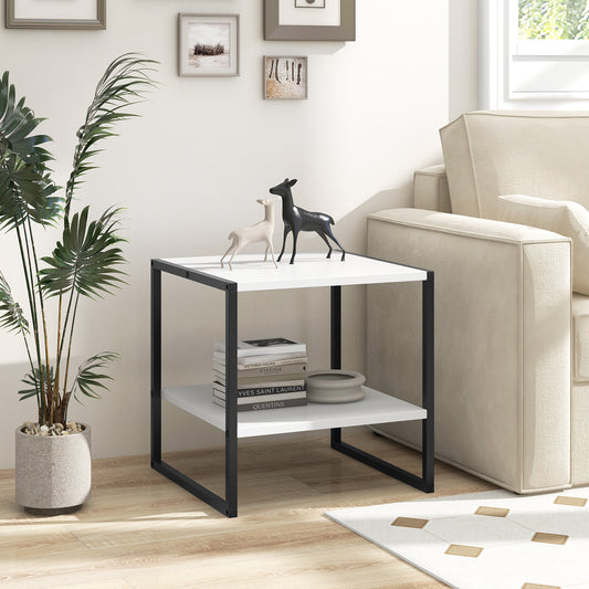 2-Tier Square End Table with Storage Shelf Reversible Design-White